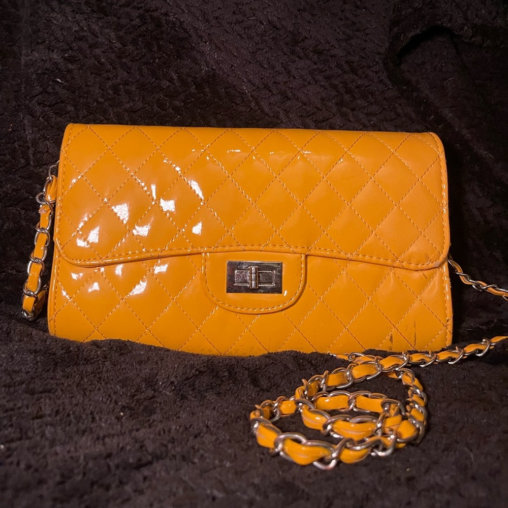 Quilted Patent Crossbody Bag in Mustard Yellow